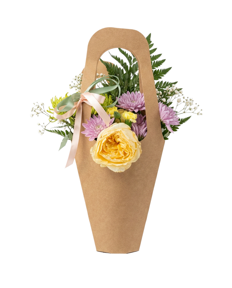 Finished take-home bouquet in kraft paper with sage and blush ribbon